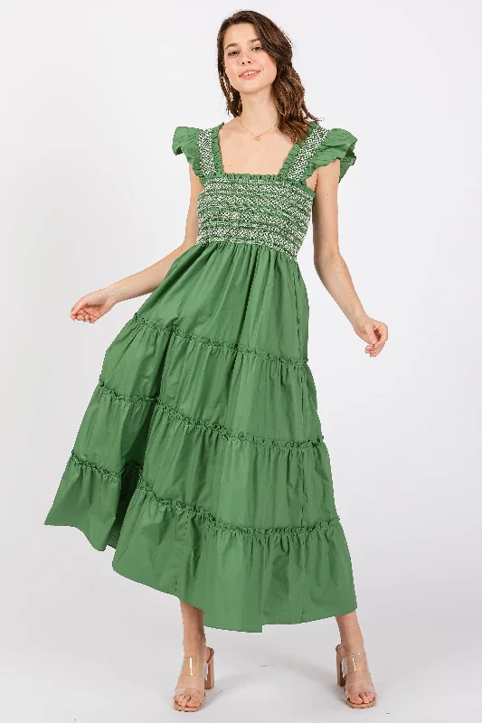 Hurry In comfy dressGreen Embroidered Smocked Midi Dress