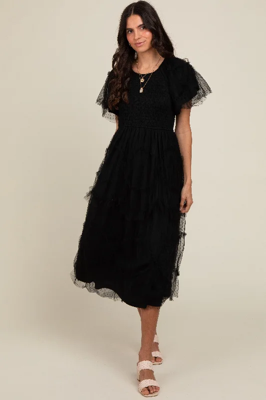 Quick Sale satin midi dressBlack Smocked Dotted Tulle Overlay Midi Dress