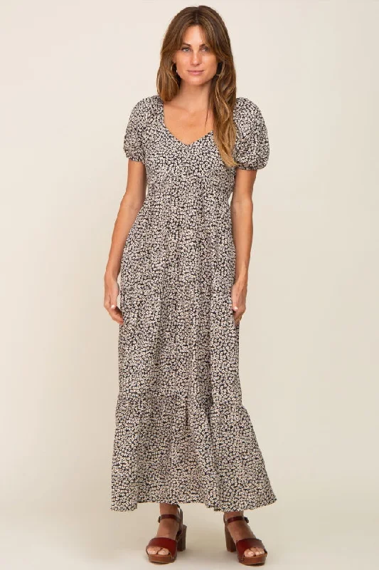 Savings Alert sleeveless dressIvory Foral Puff Sleeve Maxi Dress