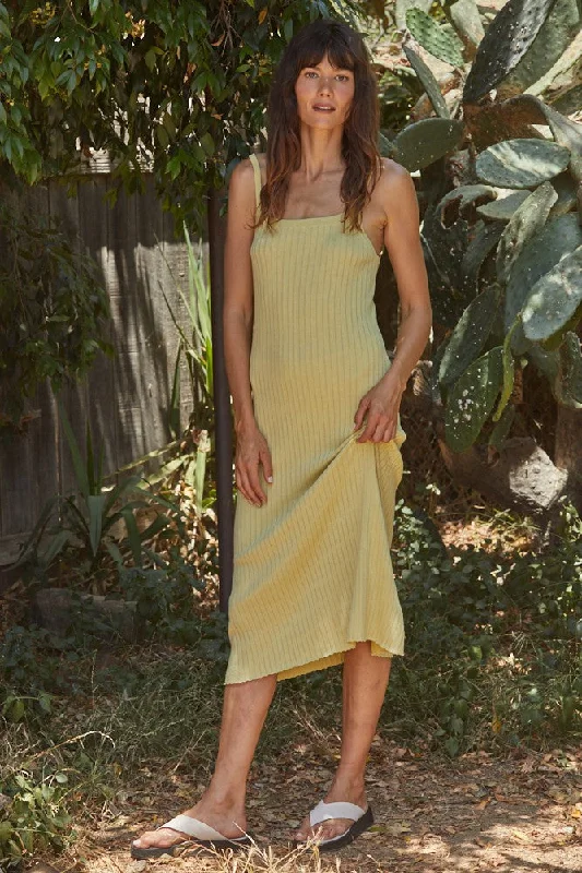 Savings Alert office dressYellow Square Neck Ribbed Sleeveless Midi Dress