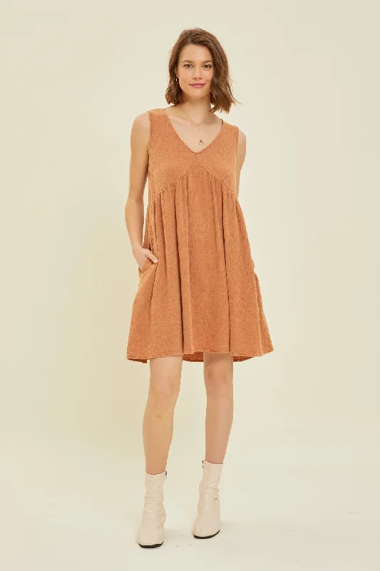 Seasonal Clearance romantic dressRust Mineral-Washed Gauze V-Neck Flare Mini