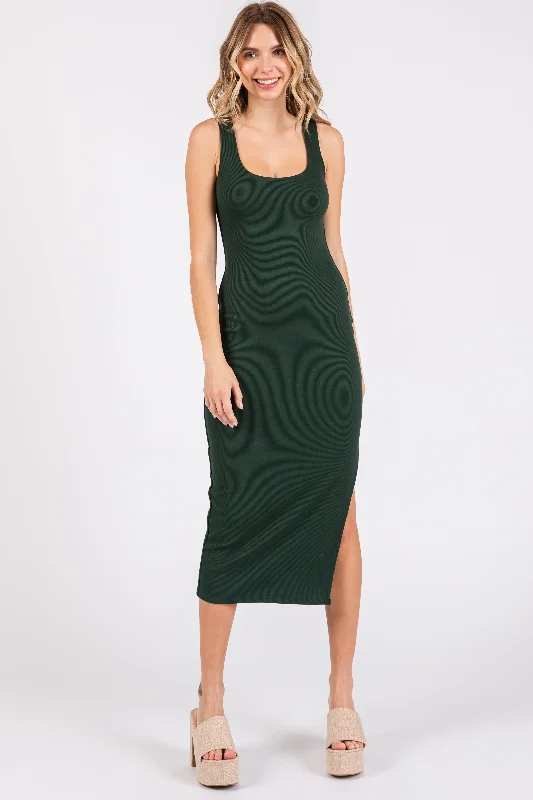 Today Only evening dressForest Green Ribbed Knit Sleeveless Side Slit Dress