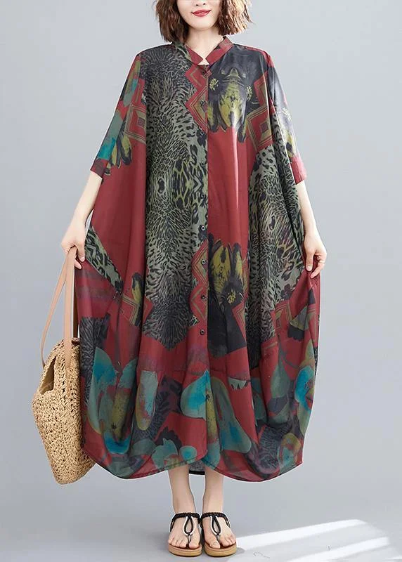 Final Markdown comfy maxi dressWomen Red Abstract Pattern Tunic Stand Collar Maxi Summer Dresses