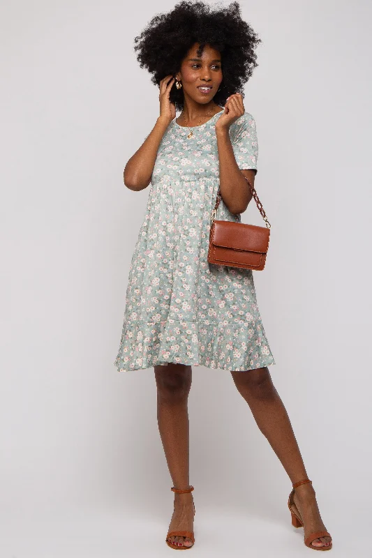 Major Savings comfy maxi dressLight Olive Floral Knit Short Sleeve Dress