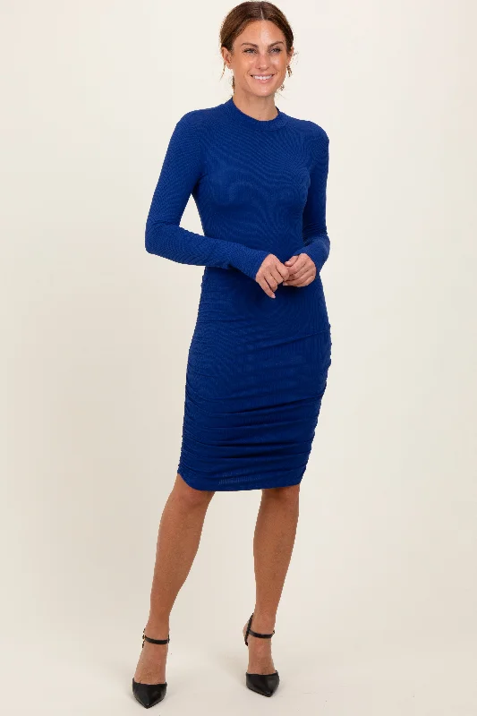 Deal of the Week casual knit dressRoyal Blue Ribbed Mock Neck Ruched Long Sleeve Dress Deal of the Week casual knit dressRoyal Blue Ribbed Mock Neck Ruched Long Sleeve Dress