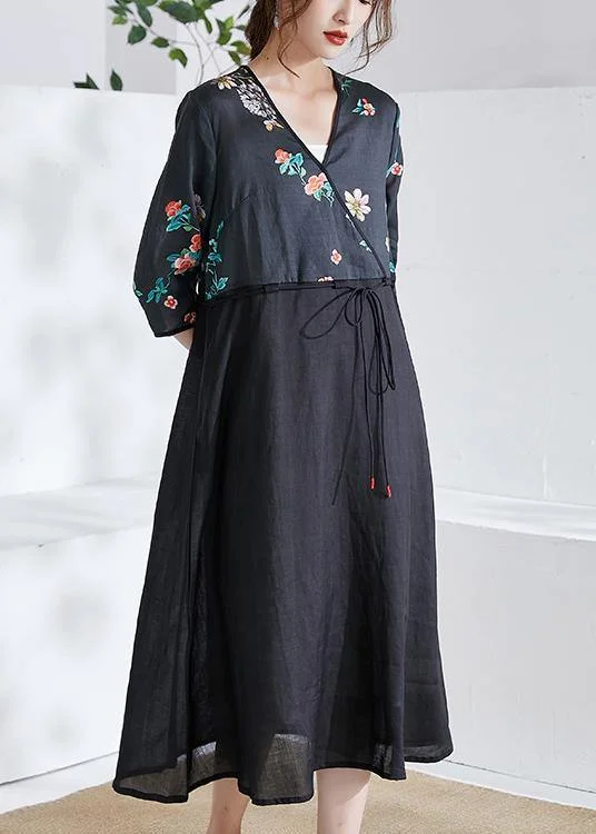 Customer Appreciation Sale casual day dressItalian Black Tie Waist Patchwork Print Summer Ramie Shirts