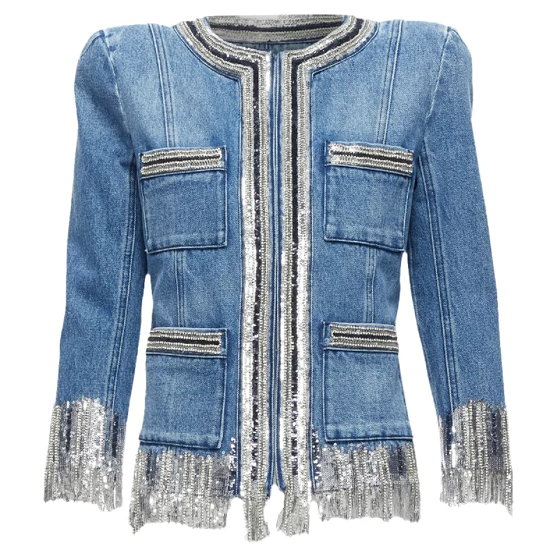 Stock Clearance Balmain Washed Cotton Denim Silver Crystal Embellished Trim Jacket