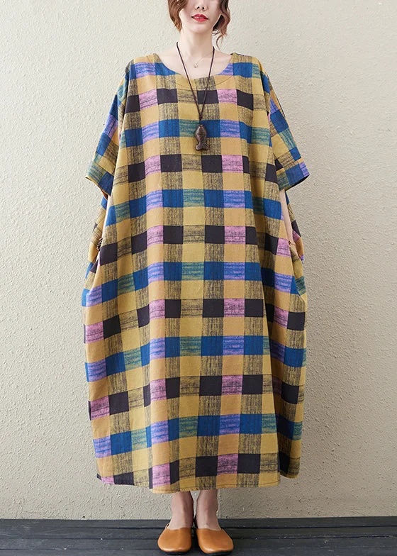 cocktail party dressPlus Size Yellow Plaid O Neck Print Cotton Long Dress Half Sleeve