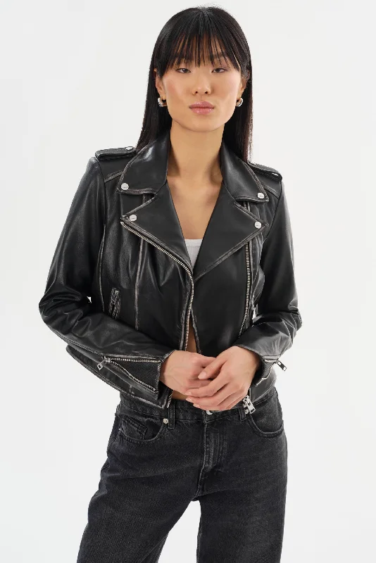 comfortable coatHOLY | Leather Biker Jacket with Removable Hood