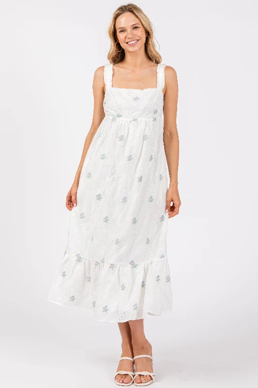 Low Prices wool dressWhite Eyelet Floral Embroidered Back Tie Cutout Midi Dress
