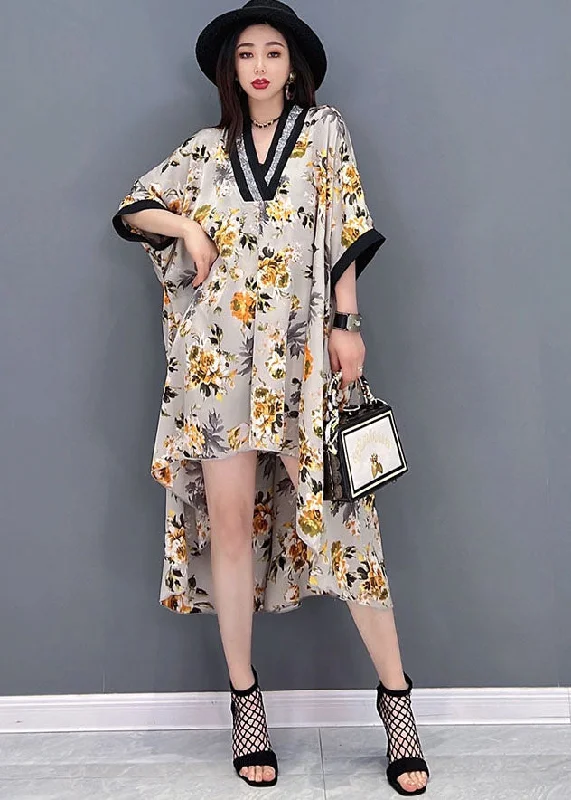 New Markdowns sleek midi dressBeautiful Yellow V Neck Asymmetrical Print Chiffon Beach Dress Batwing Sleeve