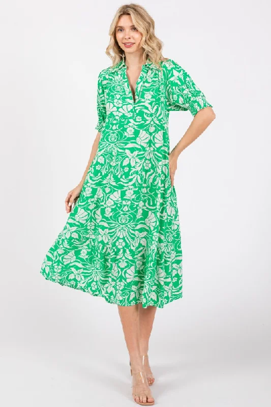 Special Discount casual dressGreen Floral V-Neck Tiered Midi Dress
