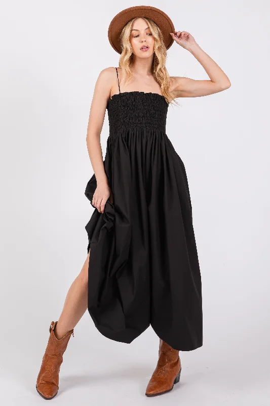Super Deal trendy wrap dressBlack Smocked Pocketed Midi Dress