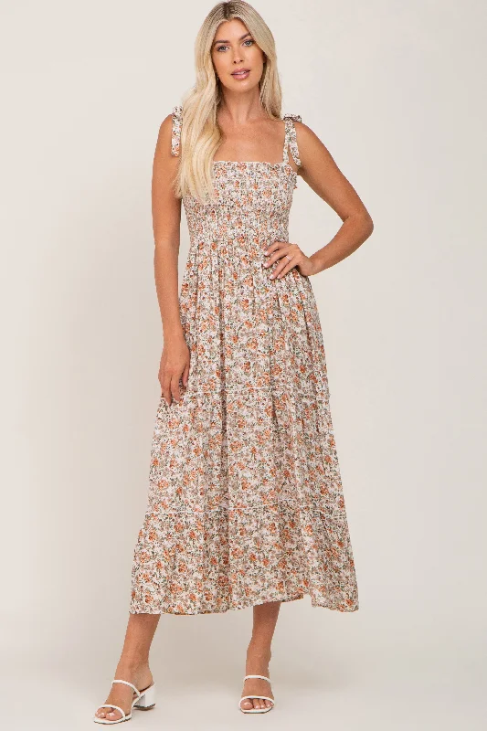 Super Sale off-shoulder dressBeige Floral Sleeveless Tiered Maxi Dress