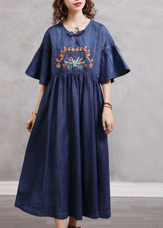 New Deals casual day dressStylish Blue O-Neck Cinched Embroideried Cotton denim Dresses Butterfly Sleeve New Deals casual day dressStylish Blue O-Neck Cinched Embroideried Cotton denim Dresses Butterfly Sleeve