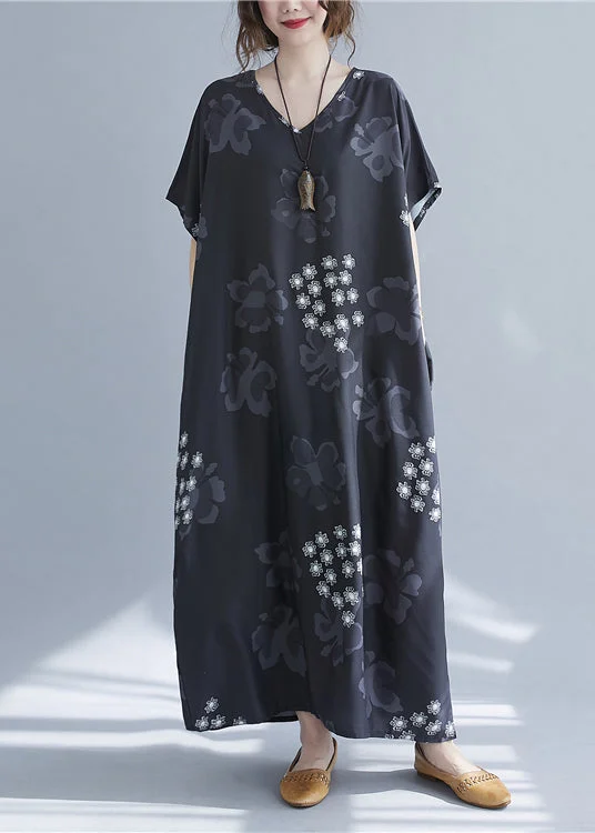 Discount Extravaganza modern dressBaggy Black V Neck Snowflake Print Chiffon Long Dresses Short Sleeve
