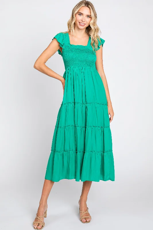 Weekend Flash Sale summer floral dressGreen Satin Square Ruffle Neck Smocked Sleeveless Midi Dress