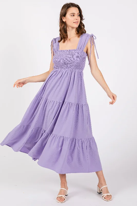 Buy Now backless dressLavender Smocked Sleeveless Drawstring Shoulder Tiered Midi Dress
