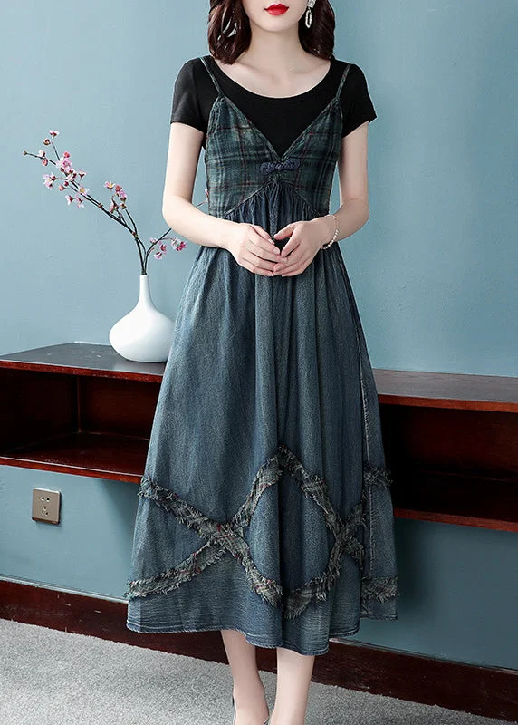 Deep Discounts lace-up dressWomen Blue Cinched V Neck Patchwork Spaghetti Strap Cotton Denim Dresses Spring Deep Discounts lace-up dressWomen Blue Cinched V Neck Patchwork Spaghetti Strap Cotton Denim Dresses Spring
