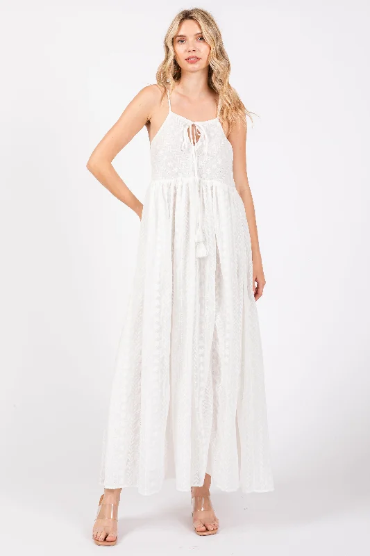 Blowout Sale chic shift dressIvory Embroidered Tassel Tie Maxi Dress