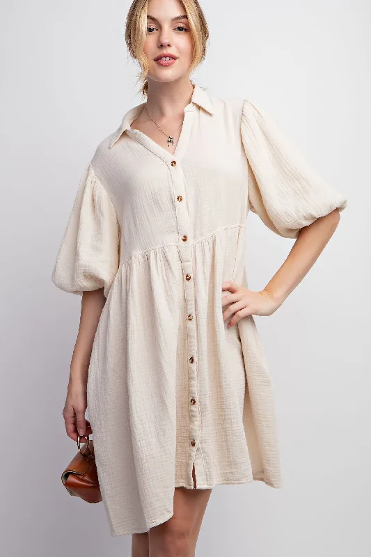 Crazy Deals textured dressCream Button Down Bubble Sleeve Collared Dress