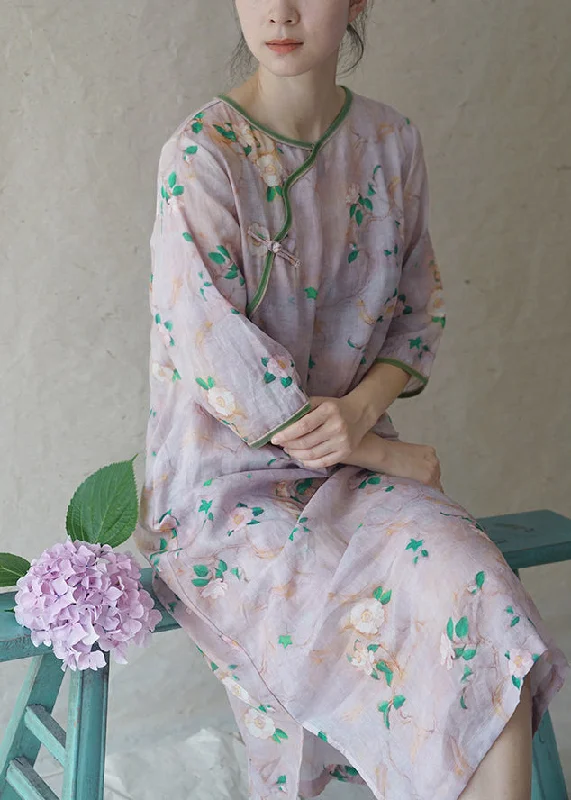 Online Only chic wrap dressRetro Light Pink O-Neck side open print Patchwork Linen Dresses Half Sleeve Online Only chic wrap dressRetro Light Pink O-Neck side open print Patchwork Linen Dresses Half Sleeve