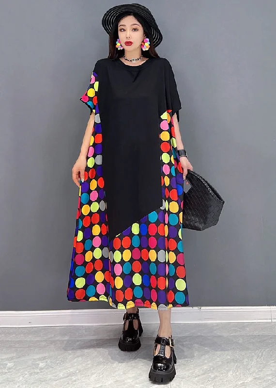 Final Markdown long-sleeve floral dressLoose Black O-Neck Patchwork Multi Dot Print Cotton Long Dress Short Sleeve Final Markdown long-sleeve floral dressLoose Black O-Neck Patchwork Multi Dot Print Cotton Long Dress Short Sleeve