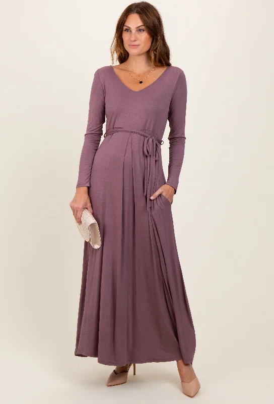 Daily Deals floral wrap dressMauve V-Neck Long Sleeve Sash Tie Maxi Dress