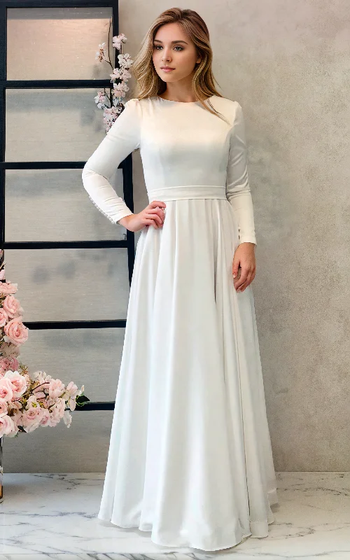 structured dressModest Simple Solid Elegant White A-Line Satin Maxi Wedding Dress with Button Back