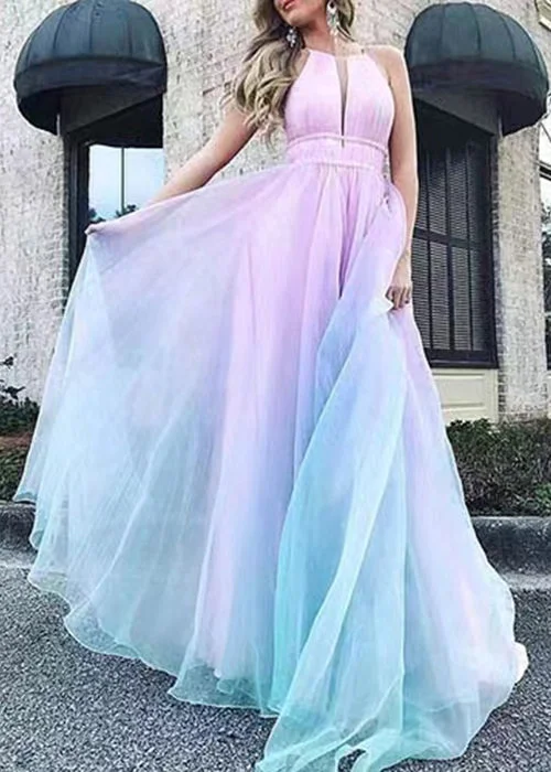 high-waisted dressSexy Gradient Color V Neck High Waist Tulle Maxi Dresses Sleeveless