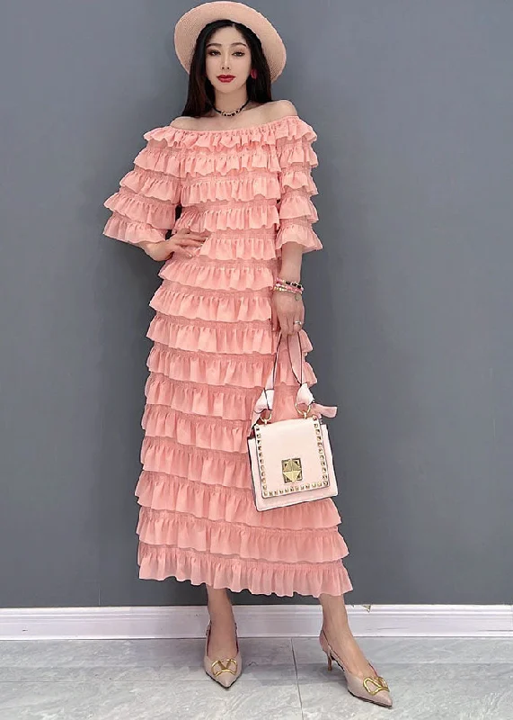 Special Promotion floral midi dressRed Ruffles Tulle Vacation Dresses Cold Shoulder Petal Sleeve