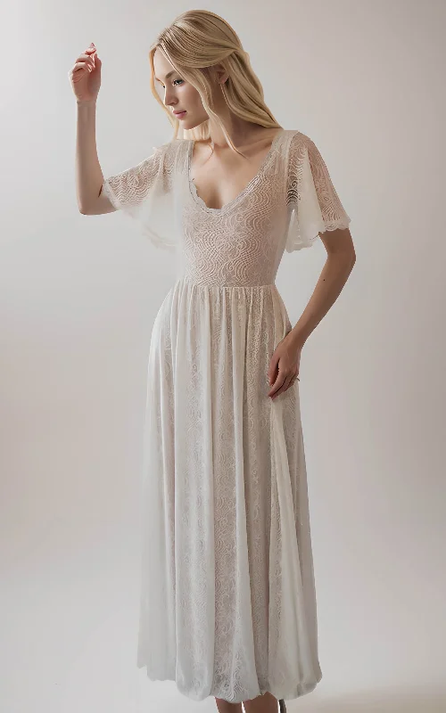 sleek midi dressSimple Modest Bohemian A-Line Short Sleeves Wedding Dress Eleagant Romantic Scoop Neck Gown with Sequins