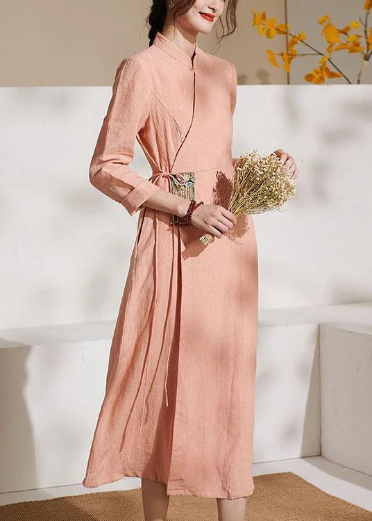 Early Access ruched dressUnique Pink Embroideried tie waist Summer Linen Summer Dresses