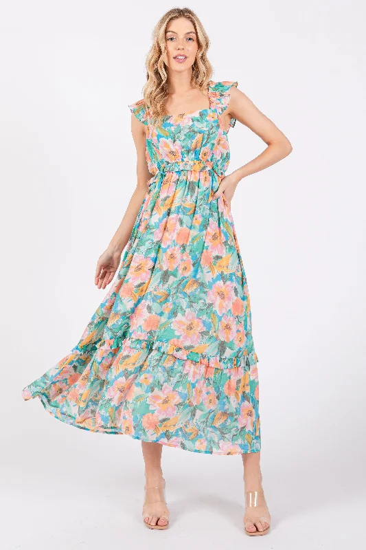 Instant Discount elegant evening dressAqua Watercolor Floral Ruffle Accent Midi Dress Instant Discount elegant evening dressAqua Watercolor Floral Ruffle Accent Midi Dress