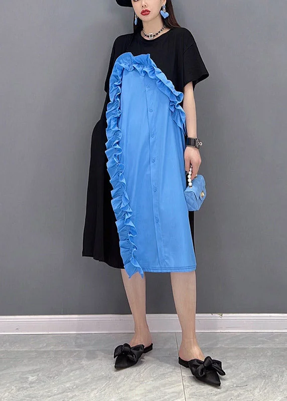 Stock Up and Save high-waisted dressElegant Blue O-Neck Ruffled Patchwork Button Dress Short Sleeve Stock Up and Save high-waisted dressElegant Blue O-Neck Ruffled Patchwork Button Dress Short Sleeve