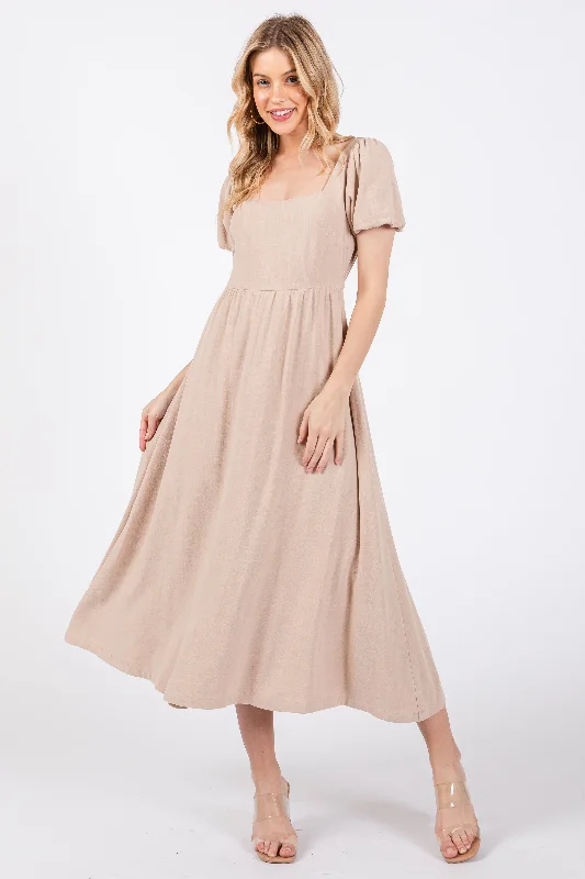 Steals and Deals casual knit dressTaupe Puff Sleeve Linen Midi Dress