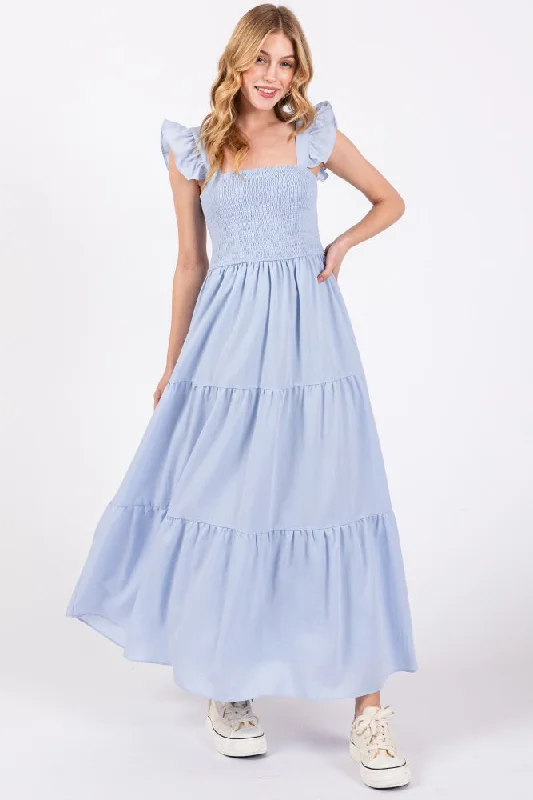 Reduced Prices A-line dressLight Blue Sleeveless Smocked Tiered Maxi Dress