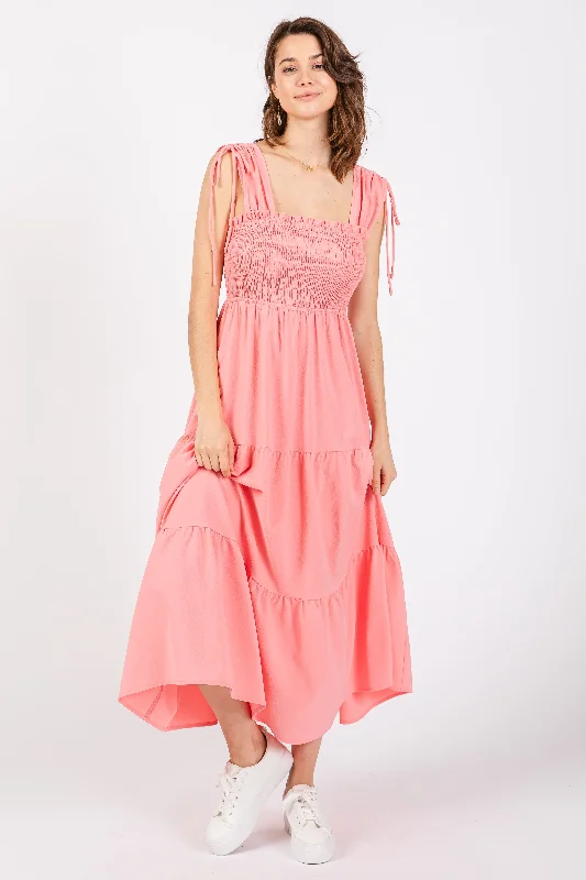 Doorbuster Deal wool dressCoral Smocked Sleeveless Drawstring Shoulder Tiered Midi Dress Doorbuster Deal wool dressCoral Smocked Sleeveless Drawstring Shoulder Tiered Midi Dress