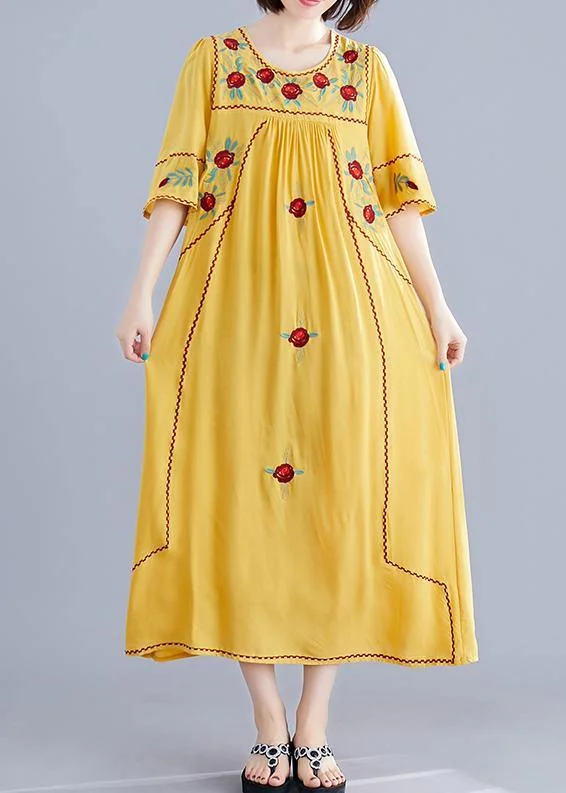 Fantastic Offers tiered dressWomen o neck Cinched cotton linen Robes Fabrics yellow embroidery Dresses summer