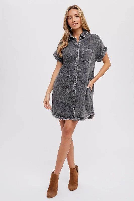 Grand Opening Sale ruched dressBlack Acid Wash Denim Button Up Dress