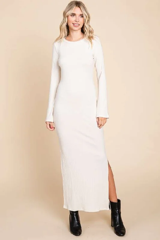 Weekend Flash Sale cocktail dressCream Ribbed Side Slit Maxi Dress
