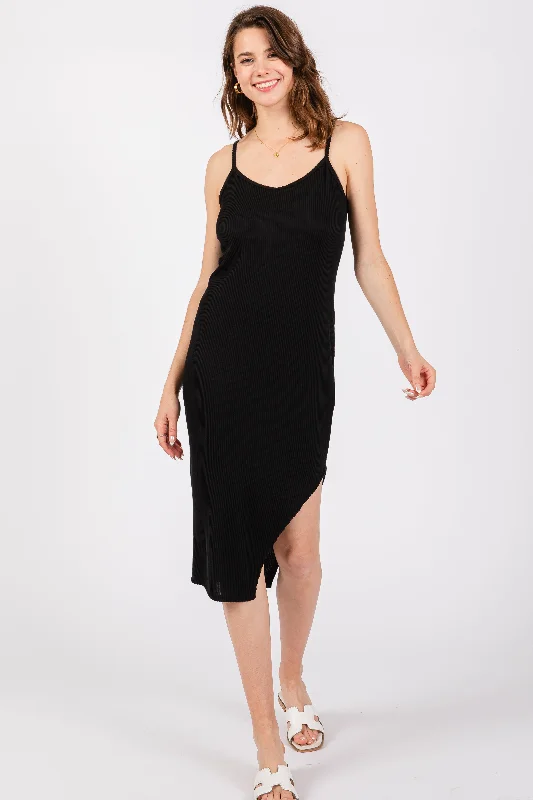 Stock Clearance party dressBlack Ribbed Side Slit Sleeveless Midi Dress