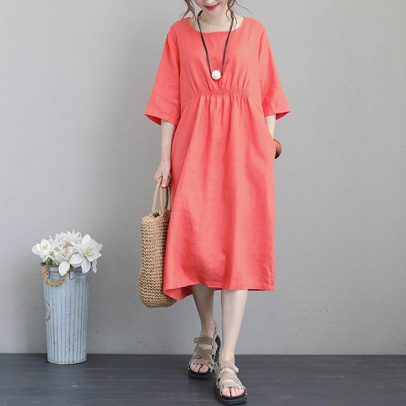 Limited Quantity floral dresswomen orange red linen dresses plus size tunic linen clothing dresses boutique bracelet sleeved gown