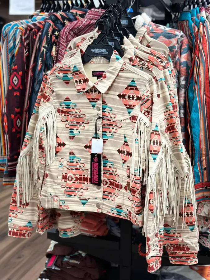 Last Chance Rock&Roll Womens Tan Aztec on stripe Denim Jacket beige