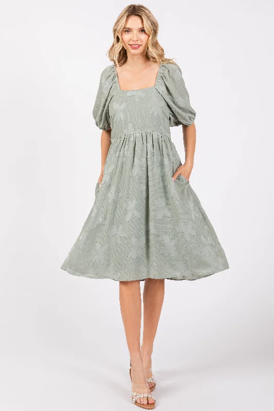 Mega Deal form-fitting dressSage Textured Floral Square Neck Puff Sleeve Dress