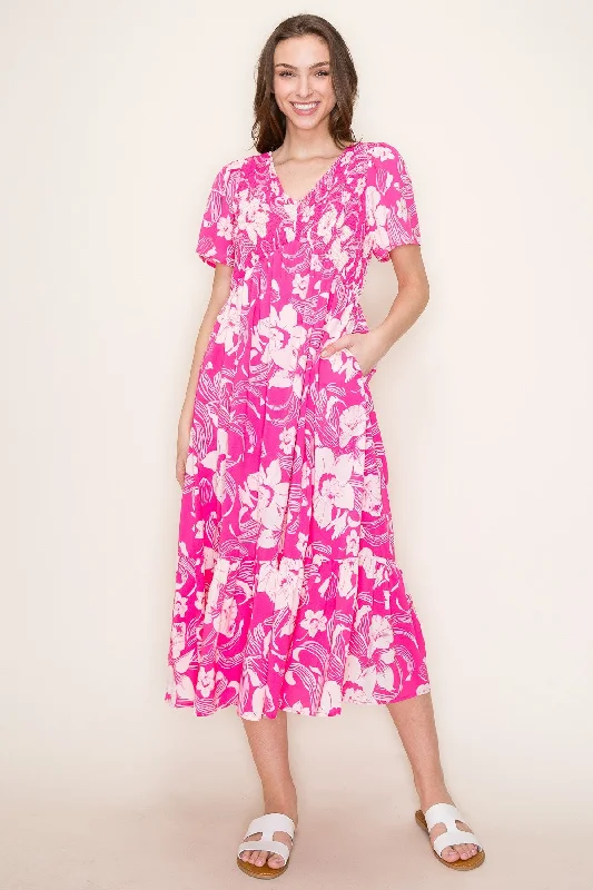 Sale Event sleek midi dressPink Floral Print Smocked Midi Dress