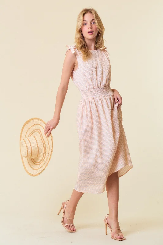 Deal Frenzy bodycon dressBeige Gingham Plaid Ruched Shoulder Midi Dress