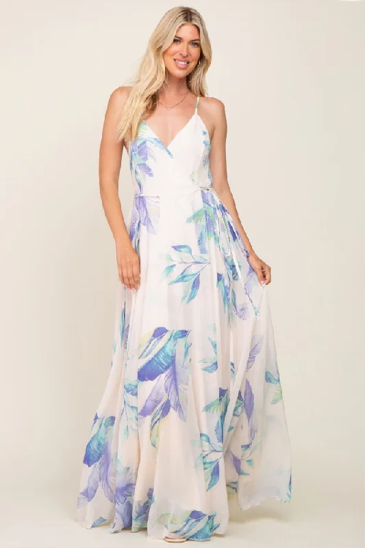 Shop and Save chic wrap dressLavender Feather Printed Chiffon Wrap Front Maxi Dress Shop and Save chic wrap dressLavender Feather Printed Chiffon Wrap Front Maxi Dress