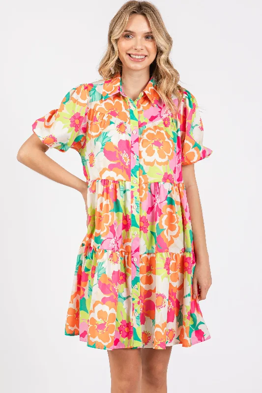 Flash Deals t-shirt dressFuchsia Floral Collared Button Up Tiered Dress