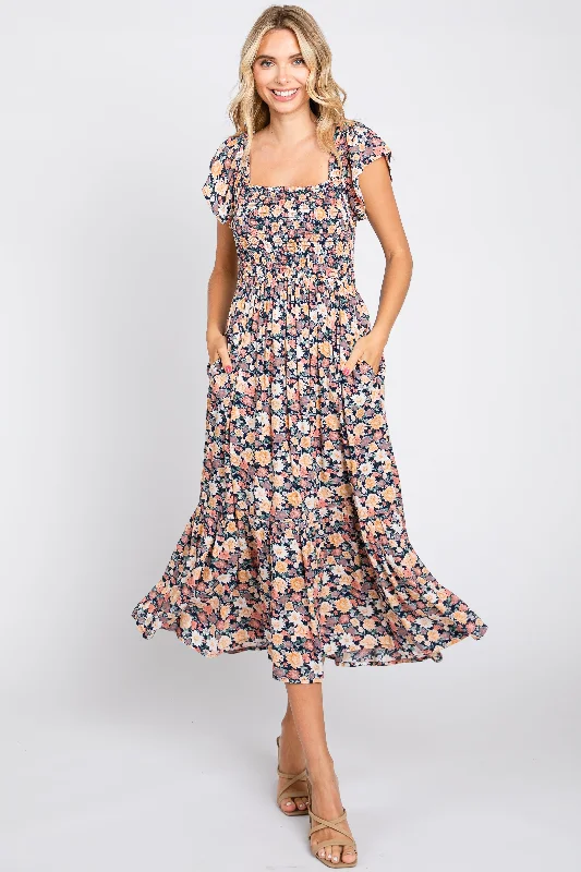 Don’t Miss Out casual slip dressBlack Floral Off Shoulder Smocked Midi Dress